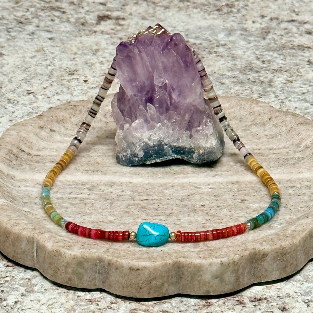 Gold-Filled Shell Heishi Minimalist Necklace With Turquoise Accent